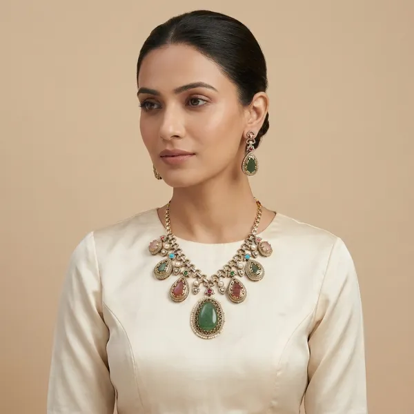 Multicolor_Gemstone_Gold_Plated_Teardrop_Necklace_Set_For_Women