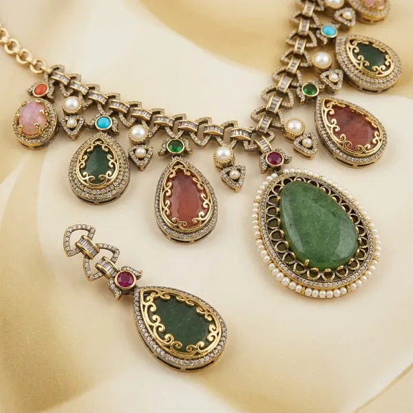 Multicolor_Gemstone_Gold_Plated_Teardrop_Necklace_Set_For_Women
