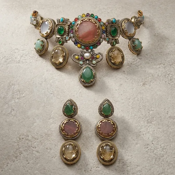 Multicolor_Gemstone_Antique_Gold_Finish_Jewellery_Set_For_Women