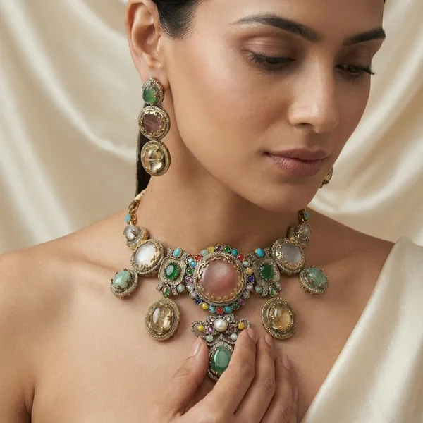 Multicolor_Gemstone_Antique_Gold_Finish_Jewellery_Set_For_Women
