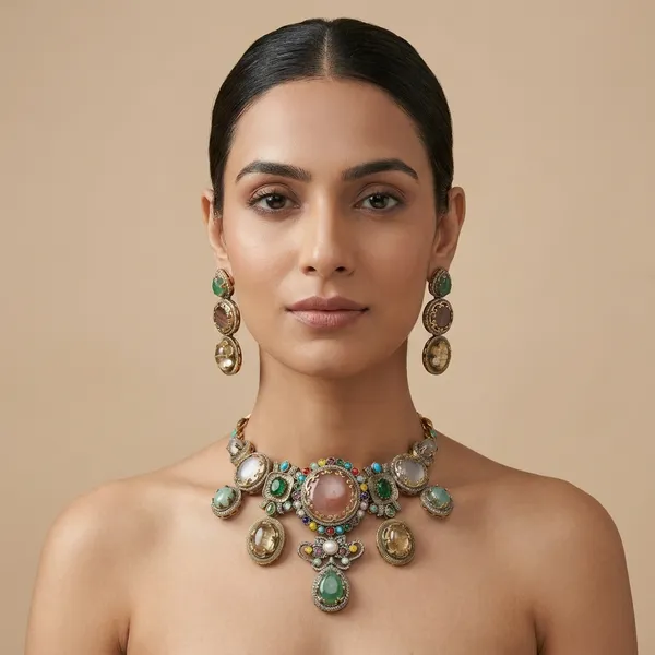 Multicolor_Gemstone_Antique_Gold_Finish_Jewellery_Set_For_Women