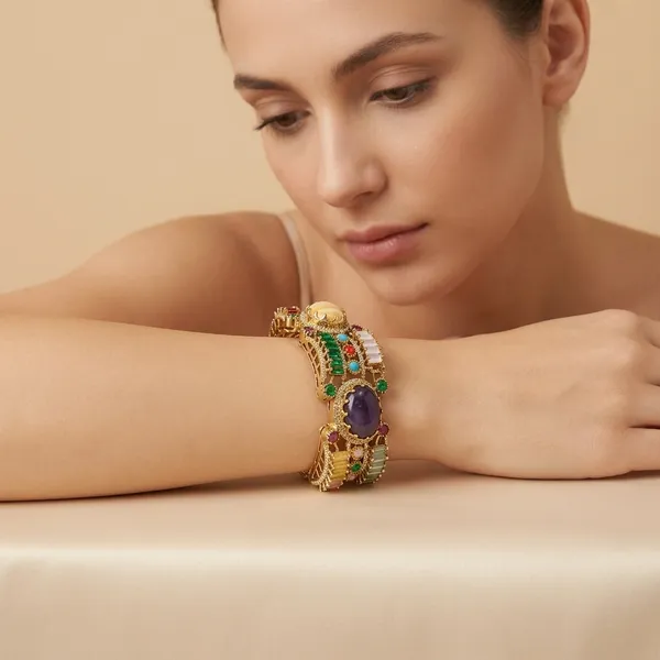 Multicolor_Gemstone_Gold_Plated_Peacock_Bracelet_For_Women