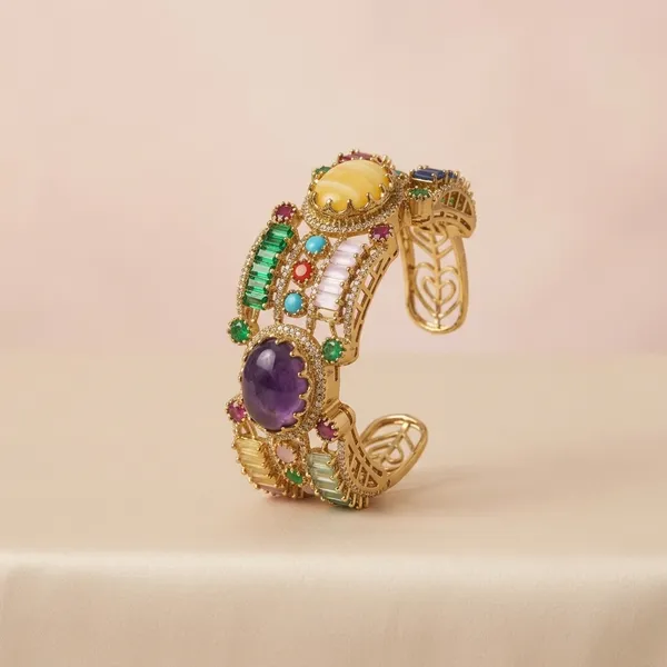 Multicolor_Gemstone_Gold_Plated_Peacock_Bracelet_For_Women