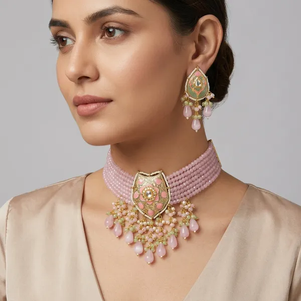 Pink_Meenakari_Kundan_Choker_Necklace_Set_With_Earrings