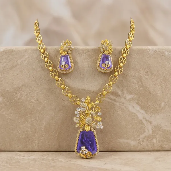 Gold_Plated_Purple_Stone_Floral_Necklace_Set_For_Women
