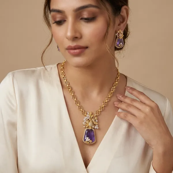 Gold_Plated_Purple_Stone_Floral_Necklace_Set_For_Women