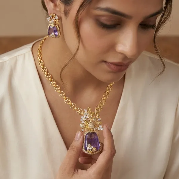 Gold_Plated_Purple_Stone_Floral_Necklace_Set_For_Women
