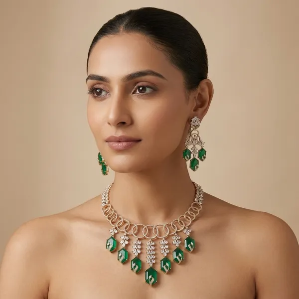 Green_Crystal_Gold_Tone_Statement_Necklace_Set_For_Women