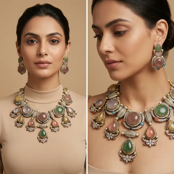 Multicolor_Stone_Antique_Gold_Plated_Necklace_And_Earrings_Set