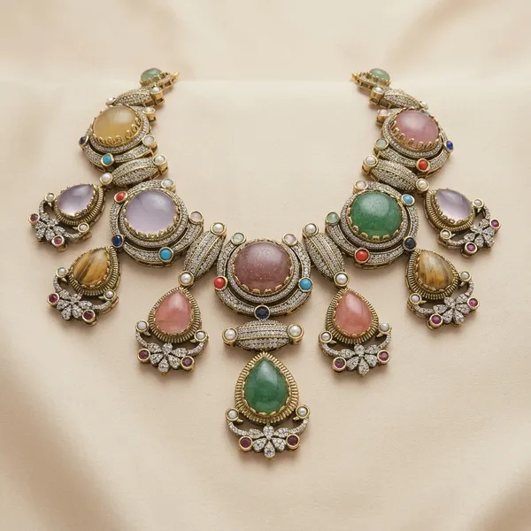 Multicolor_Stone_Antique_Gold_Plated_Necklace_And_Earrings_Set