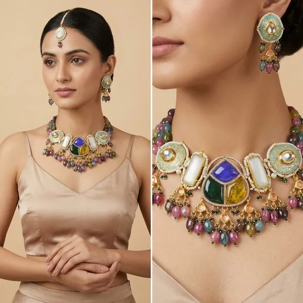 Multicolor_Kundan_Meenakari_Choker_Necklace_Set_With_Earrings
