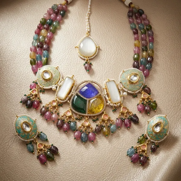 Multicolor_Kundan_Meenakari_Choker_Necklace_Set_With_Earrings