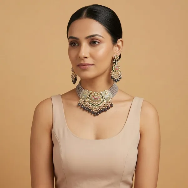 Gold_Plated_Kundan_Meenakari_Choker_Necklace_Set_With_Earrings_And_Maang_Tikka