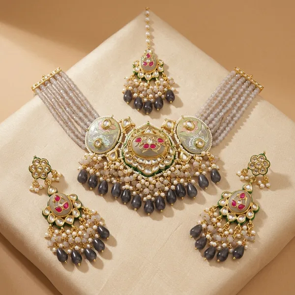 Gold_Plated_Kundan_Meenakari_Choker_Necklace_Set_With_Earrings_And_Maang_Tikka