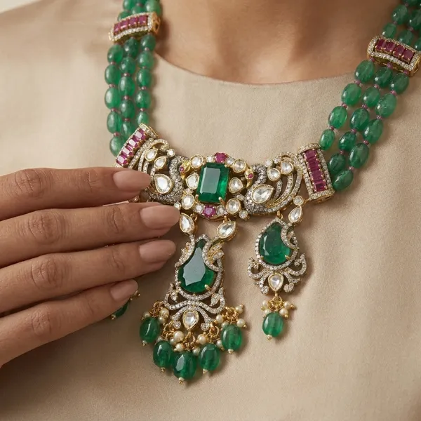 Green_Beaded_Kundan_Peacock_Necklace_Set_For_Women