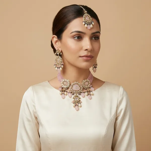 Antique_Gold_Plated_Pink_Stone_Kundan_Meenakari_Necklace_Set