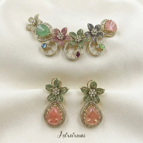 Green_Pink_Crystal_Gold_Tone_Floral_Brooch_And_Earrings_Set_For_Women