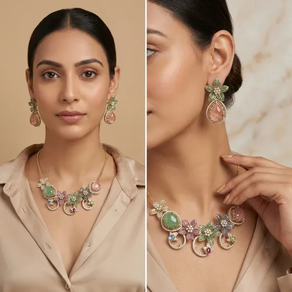 Green_Pink_Crystal_Gold_Tone_Floral_Brooch_And_Earrings_Set_For_Women
