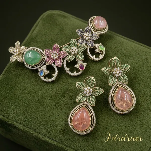 Green_Pink_Crystal_Gold_Tone_Floral_Brooch_And_Earrings_Set_For_Women