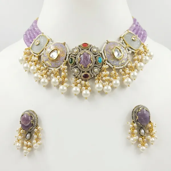 Purple_Stone_Brass_Pearl_Drop_Choker_Necklace_Set_For_Women