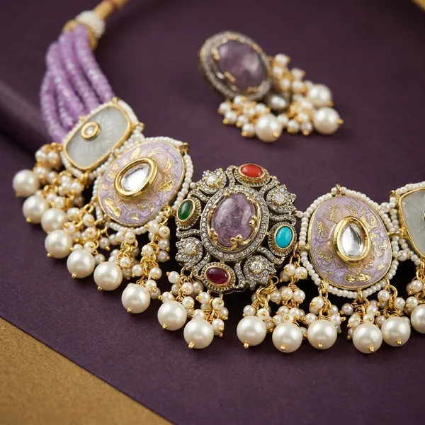 Purple_Stone_Brass_Pearl_Drop_Choker_Necklace_Set_For_Women