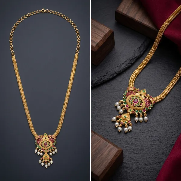 Traditional_Gold_Toned_Chain_Necklace_With_Ruby_And_Green_Stone_Pendant
