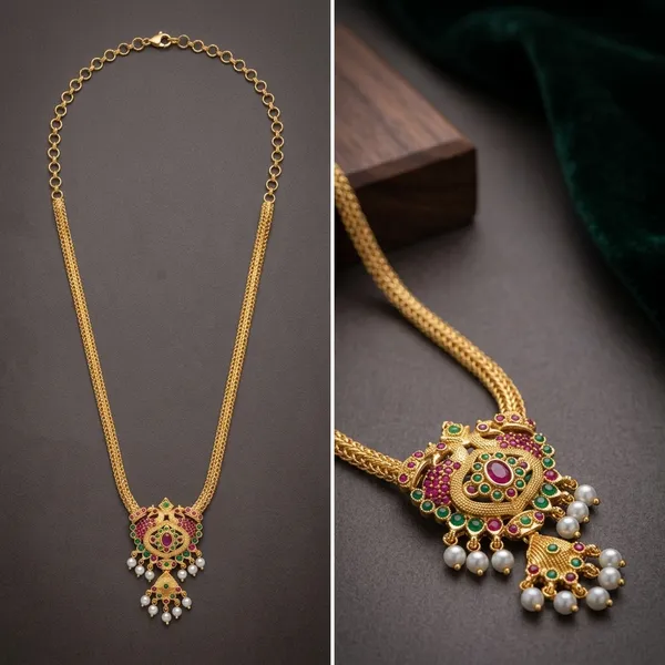 Traditional_Gold_Toned_Chain_Necklace_With_Ruby_And_Green_Stone_Pendant