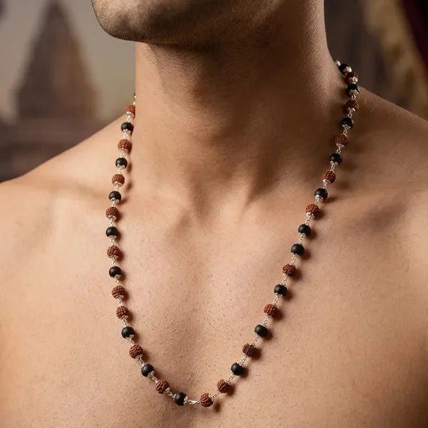 Sacred_Divya_Raksha_Rudraksha_Karungali_Mala_Silver_Capped_108_Bead_Meditation_Necklace_|_Balance_&_Protection