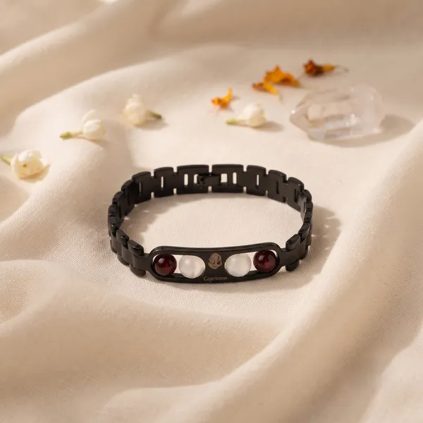Capricorn_Zodiac_Metal_Bracelet_–_Garnet_&_Milky_Quartz_|_GemsForever