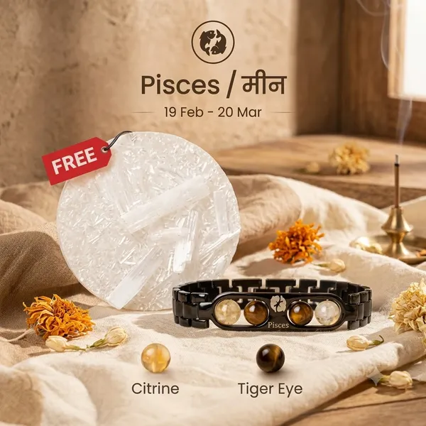 Pisces_Zodiac_Black_Metal_Bracelet_with__Free_Selenite_Charging_Plate_Citrine_&_Tiger_Eye_