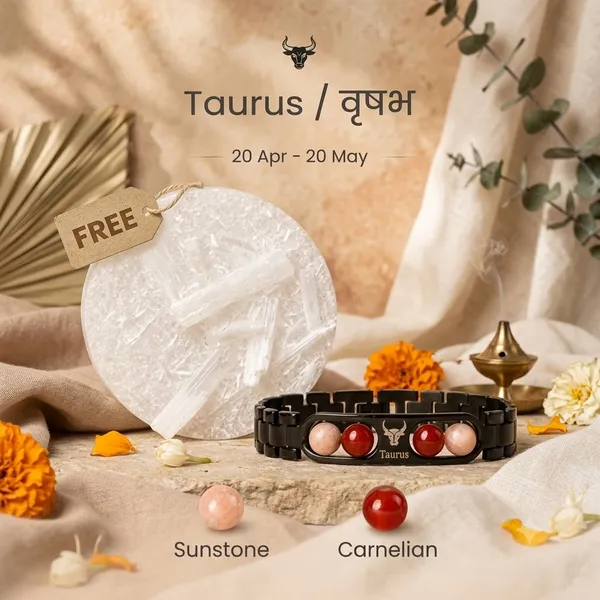 Taurus_Zodiac_Black_Metal_Bracelet_with_Free_Selenite_Charging_Plate_Sunstone_&_Carnelian_