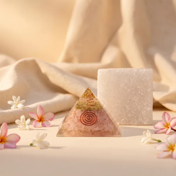 Powerful_Rose_Quartz_Pyramid_With_Free_Raw_Square_Selenite_Plate_|_Healing_&_Clarity