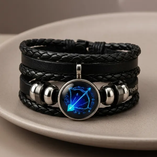 Vyralu_Black_And_Blue_Faux_Leather_Sagittarius_Zodiac_Glass_Charm_Braided_Bracelet