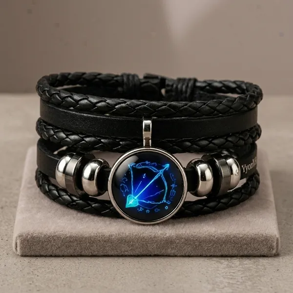 Vyralu_Black_And_Blue_Faux_Leather_Sagittarius_Zodiac_Glass_Charm_Braided_Bracelet