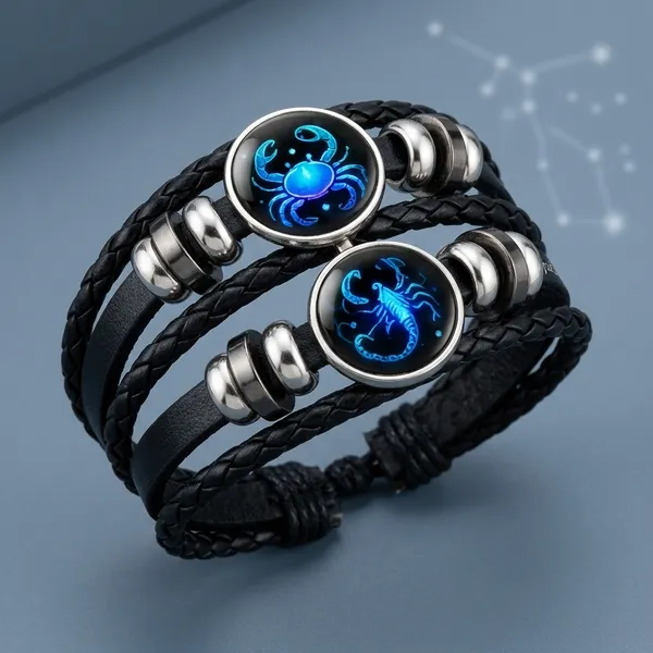Vyralu_Black_And_Blue_Faux_Leather_Scorpio_Zodiac_Glass_Dome_Braided_Bracelet