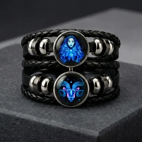 Vyralu_Black_And_Blue_Faux_Leather_Virgo_Zodiac_Glow_Glass_Charm_Bracelet_Set