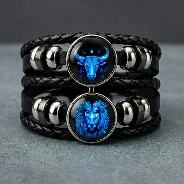 Vyralu_Black_And_Blue_Faux_Leather_Taurus_Zodiac_Glow_Braided_Bracelet_Set