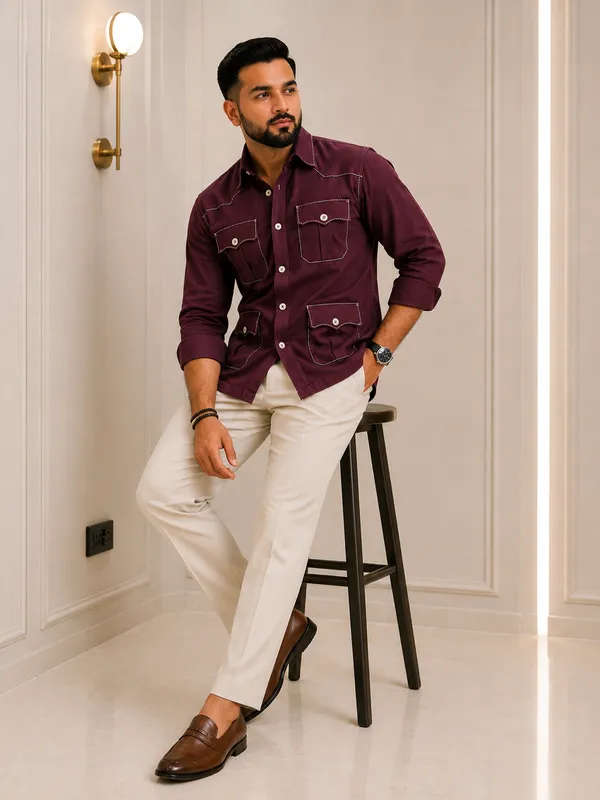 Wine_Blended_Linen_Relaxed_Fit_Hunter_Shirt_For_Men