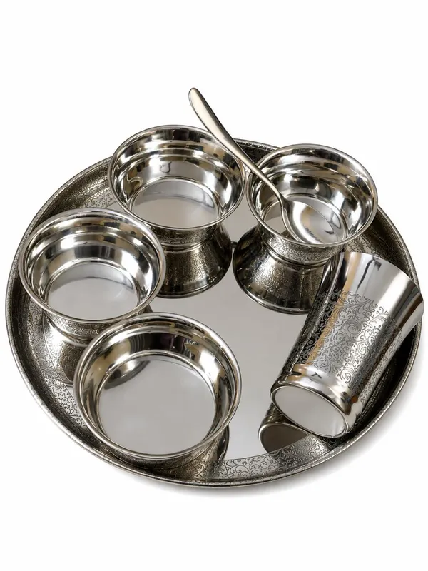 Silver_Steel_Traditional_Etched_Pari_Design_Dining_Thali_Set_7_Pieces