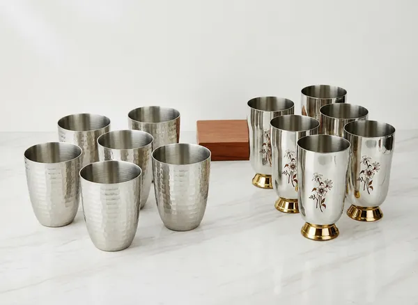 Hammered_Steel_And_Brass_Floral_Drinking_Glass_Set_Combo