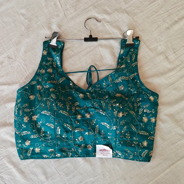 Teal_Silk_Fancy_Design_Blouse_For_Women