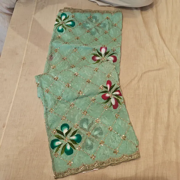 Teal_Green_Crepe_With_Hand_Painting_Work_Dupatta_For_Women