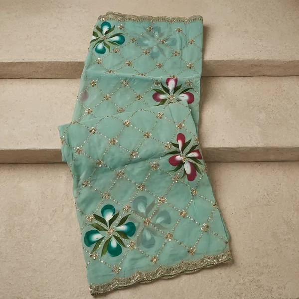 Teal_Green_Crepe_With_Hand_Painting_Work_Dupatta_For_Women