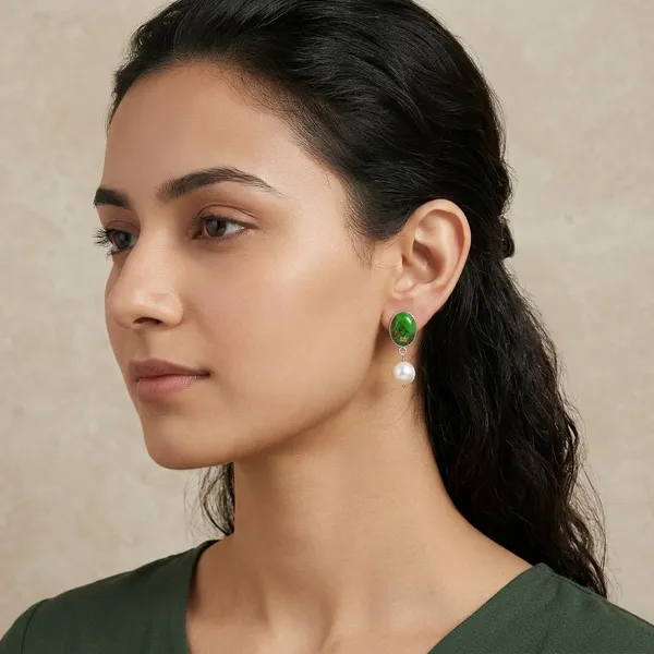 Pure_925_Sterling_Silver_Emerald_Routile_With_Pearl_18K_Gold_Plated_Earring