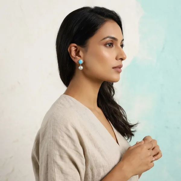 Pure_Silver_With_18K_Gold_Plating_With_Pearls_And_Turquoise_Earring