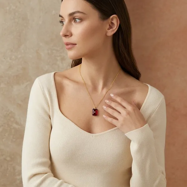 Pure_925_Silver_With_18K_Gold_Plating_With_Garnet_Hydro_Quartz_Stone_With_Cz_Star_In_Center_Necklace_With_Chain