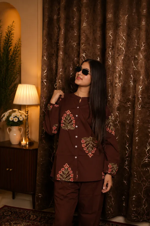 Aaraish_Women_Brown_Floral_Printed_Kurta_Co-Ord_Set