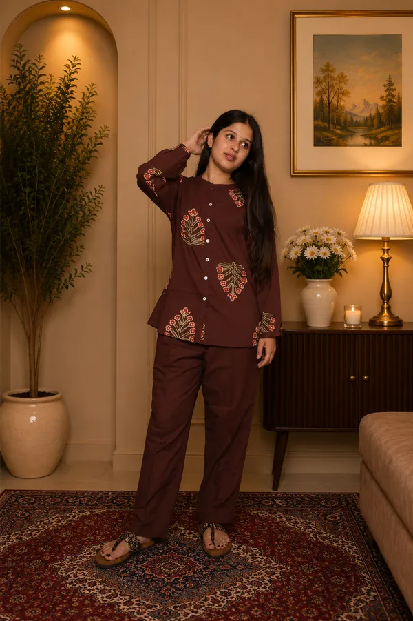 Aaraish_Women_Brown_Floral_Printed_Kurta_Co-Ord_Set