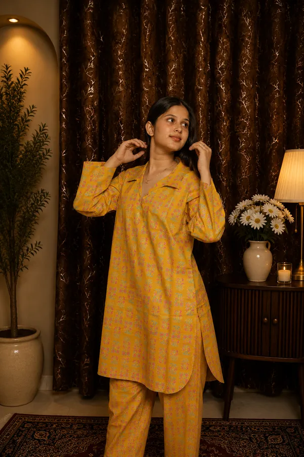 Aaraish_Women_Mustard_Yellow_Printed_Kurta_Co-Ord_Set