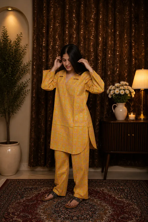 Aaraish_Women_Mustard_Yellow_Printed_Kurta_Co-Ord_Set